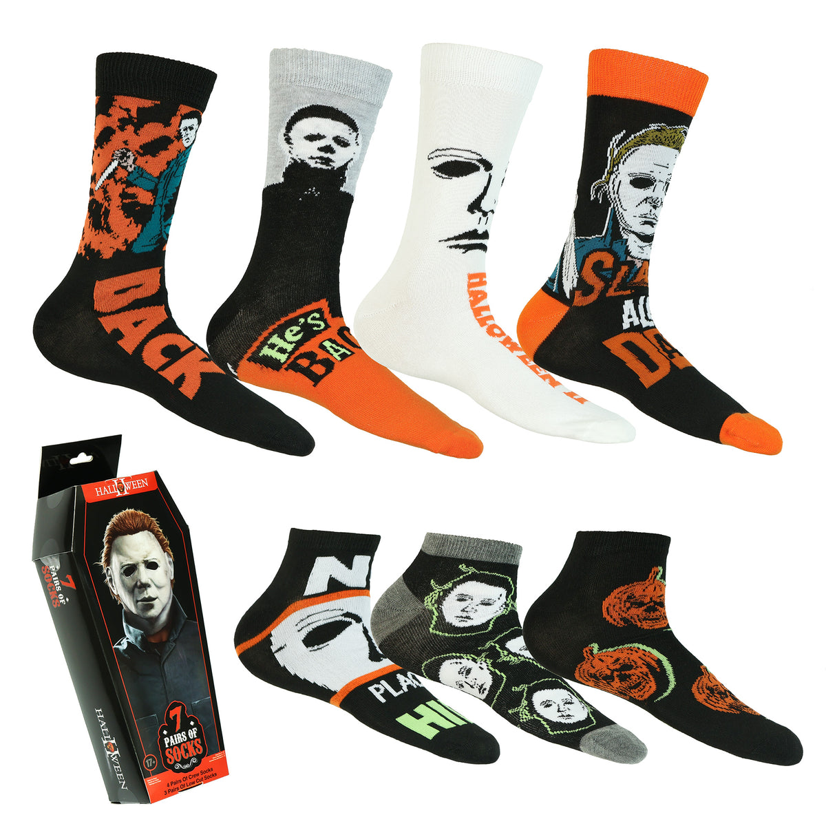 Halloween II Socks Michael Myers Men's Crew Ankle Sock Coffin Box 7 Pair