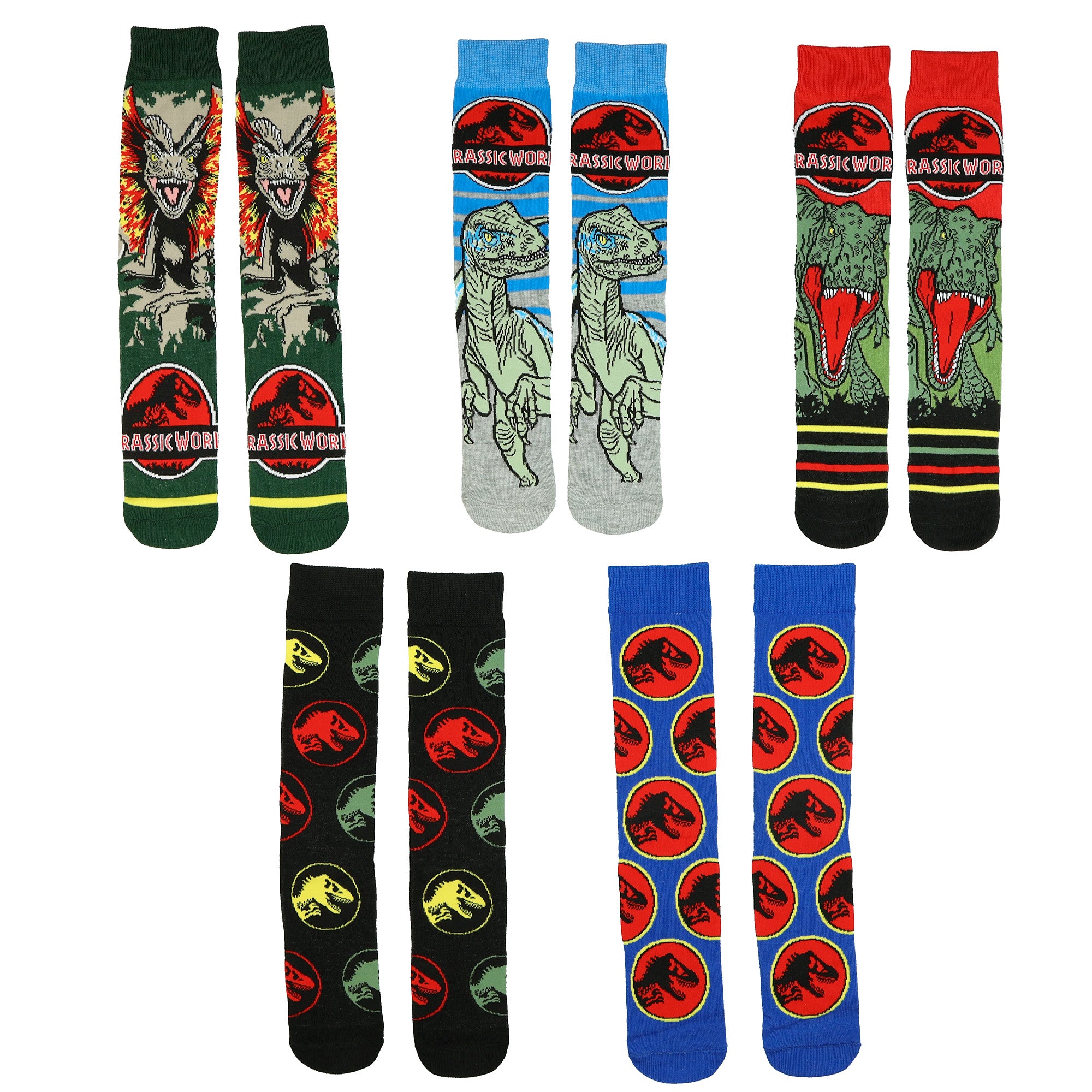 Jurassic World Crew Socks Dinosaur-Inspired Designs Men's Mid Calf 5 Pair OSFM