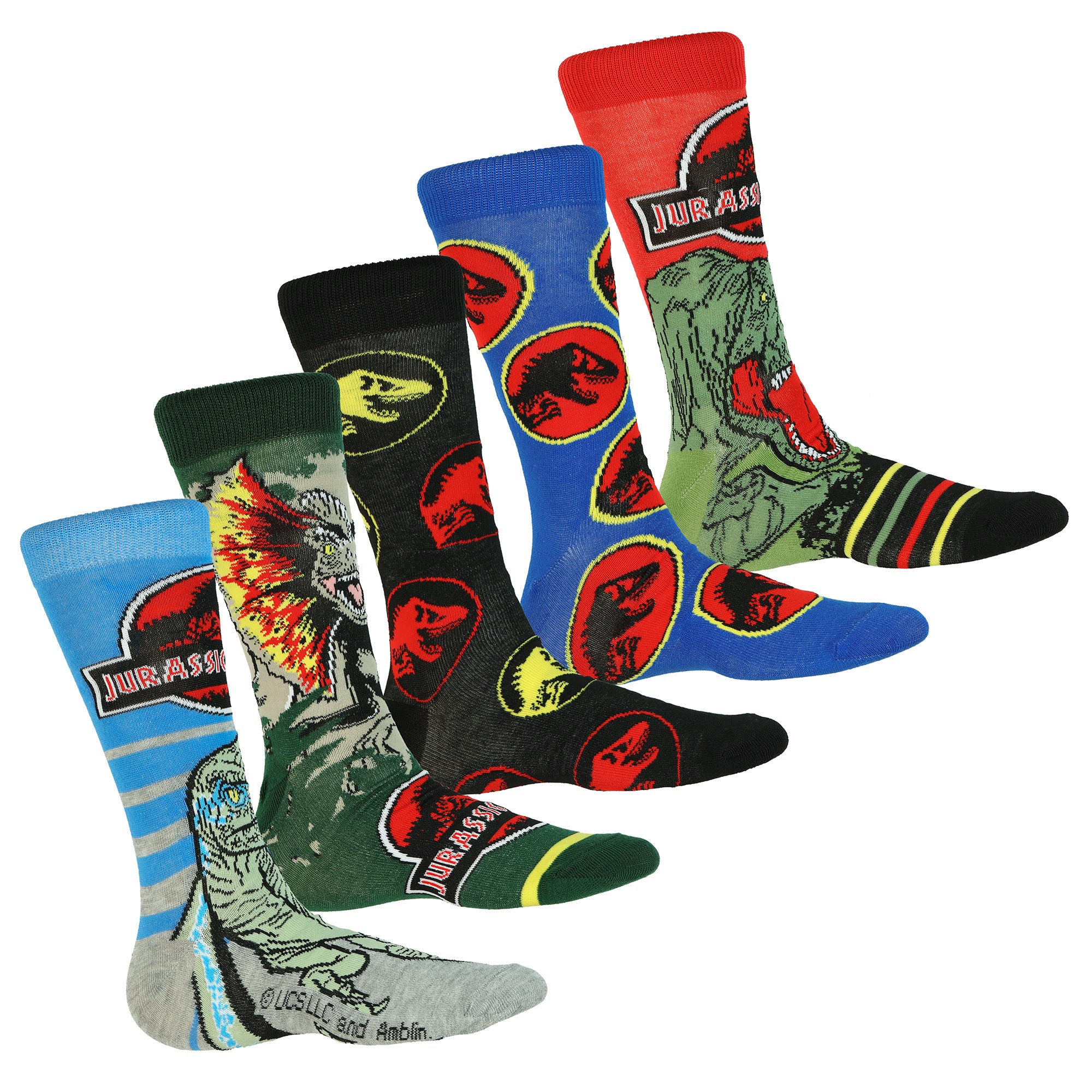 Jurassic World Crew Socks Dinosaur-Inspired Designs Men's Mid Calf 5 Pair OSFM