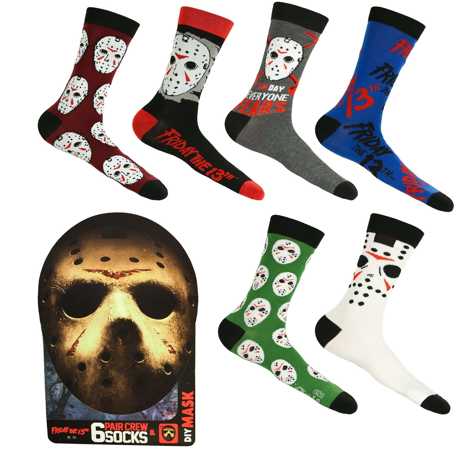 Friday The 13th Crew Socks Jason Voorhees with DIY Mask, 6 Pair, Shoe Size 6-12