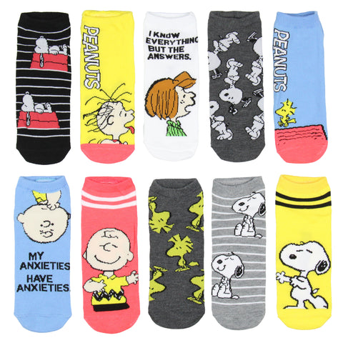 Peanuts Women's Funny Quotes 10 Pairs Low Cut No Show Ankle Socks Mix n' Match