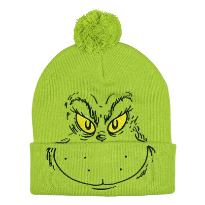 Dr. Seuss The Grinch Beanie Adult Embroidered Cuff Knit Ribbed Hat with Pom Pom