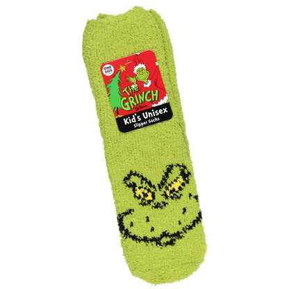 Dr. Seuss GRINCH Socks Kids Grinch Face Plush Slipper Socks w/ No-Slip Sole