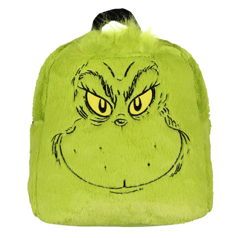 Dr. Suess The Grinch Embroidered Face w/ 3D Hair Tuft Fuzzy Soft Mini Backpack