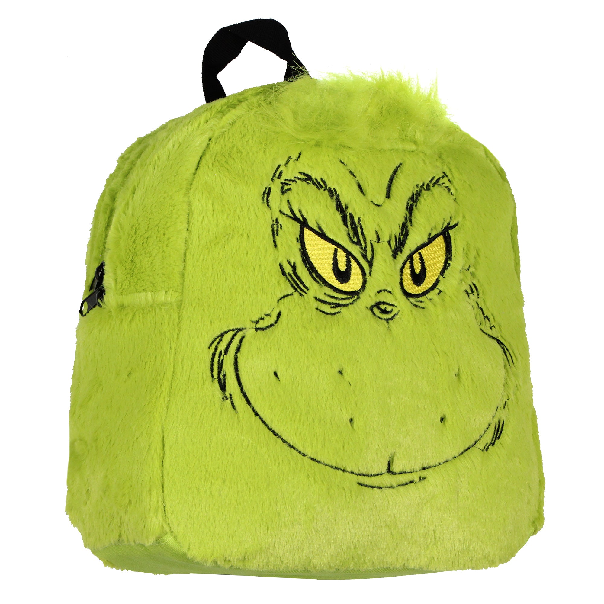 Dr. Seuss The Grinch Embroidered Face w/ 3D Hair Tuft Fuzzy Soft Mini Backpack 11"