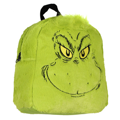 Dr. Seuss The Grinch Embroidered Face w/ 3D Hair Tuft Fuzzy Soft Mini Backpack 11"