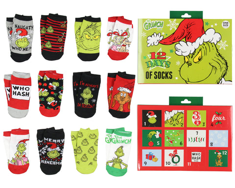 Dr. Seuss The Grinch 12 Days Of Christmas 12-Pair Socks Advent Calendar Gift \Set