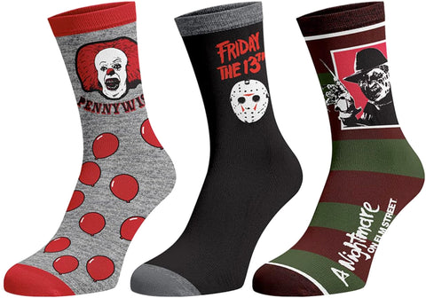 Horror Themed Men's It Nightmare On Elm Street Friday The 13th 3-Pack Crew Socks