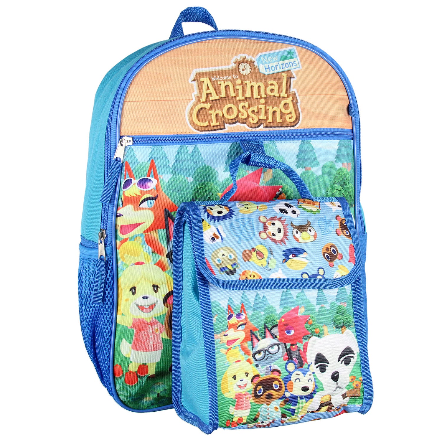 Animal Crossing Character Print Backpack 5 pc Set Lunch Tote Keychain 16"