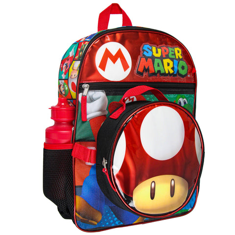 Super Mario Backpack with Detachable Mushroom Lunch Tote 16 Inch 5 Piece Set