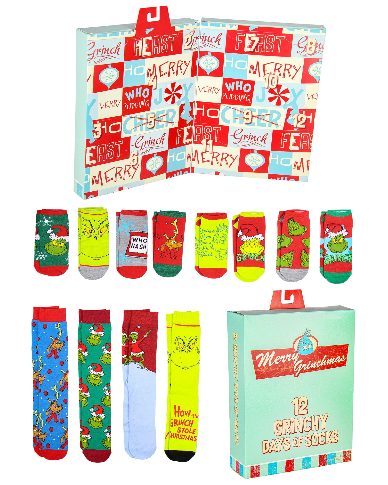 Dr. Seuss The Grinch Merry Grinchmas 12 Grinchy Days Of Socks Gift Box Set - Seven Times Six