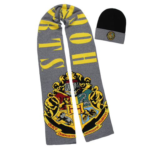 Harry Potter Wizarding World Hogwarts Crest Logo Knit Scarf & Cuff Beanie Set