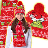 Dr. Seuss GRINCH Who Stole Christmas Knit Scarf & Pom Beanie Set