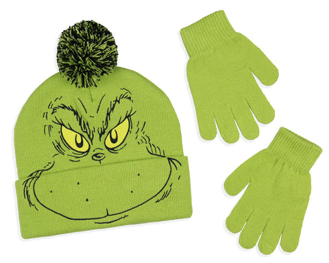 Dr. Seuss The Grinch Who Stole Christmas Embroidered Pom Beanie and Glove Set