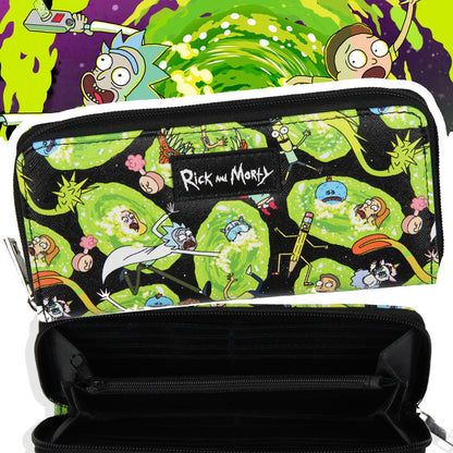 Rick and Morty Wallet Portals and Characters Faux Saffiano Zip Closure Wallet