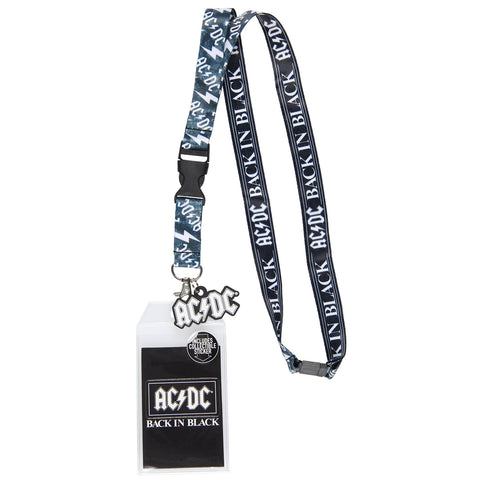 AC/DC Back In Black Reversible ID Lanyard Badge Holder With Rubber Logo Charm