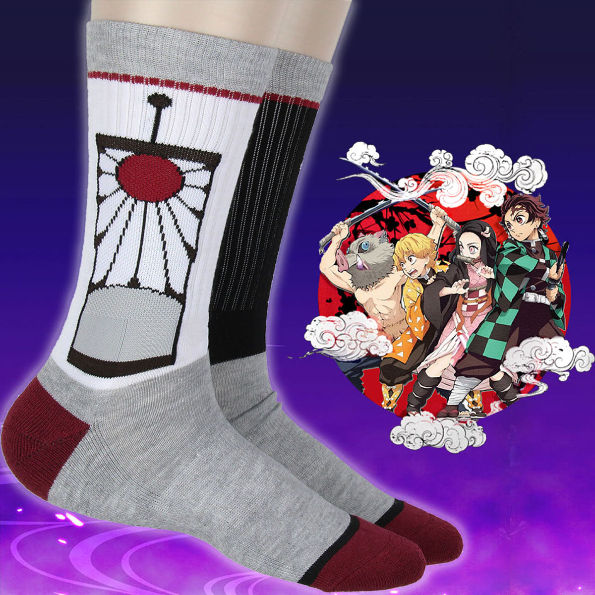 Demon Slayer Men's Tanjiro Kamado Hanafuda Earring Design Athletic Crew Socks
