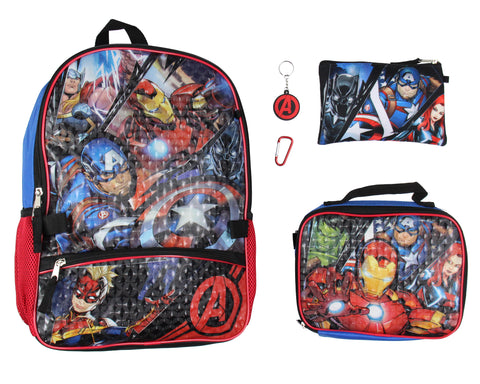 Marvel Avengers 5 Pc Kids Backpack Set Lunch Box Key Chain Pencil Case Carabiner