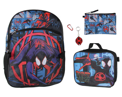 Spider-Man Miles Morales Backpack Lunch Box Key Chain Case 5 pc Set 16"