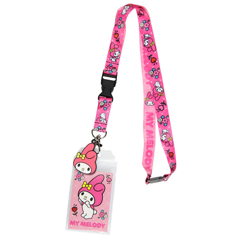 Sanrio My Melody ID Badge Holder Lanyard w/ 2 Character Head Rubber Pendant Pink