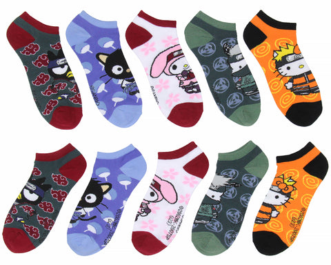 Hello Kitty X Naruto Character Mash-Up Ankle No-Show Socks 5 Pair Pack