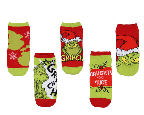 Dr. Seuss GRINCH Santa Christmas Naughty or Nice Low Cut Ankle Socks 5 Pack