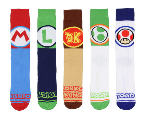 Nintendo Super Mario Bros. Adult Character Inspired Designs 5-Pair Crew Socks