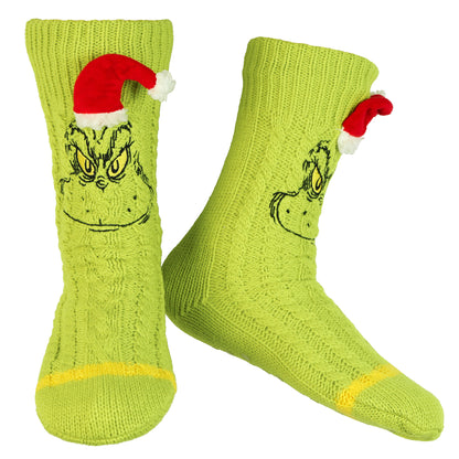 Dr. Seuss GRINCH Adult Faux Shearling Sweater Knit Slipper Socks for Men Women