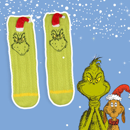 Dr. Seuss GRINCH Adult Faux Shearling Sweater Knit Slipper Socks for Men Women