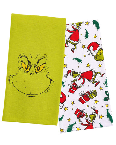 Dr. Seuss The Grinch Holiday Motif Grinch Face 2-Pack Kitchen Towel Set