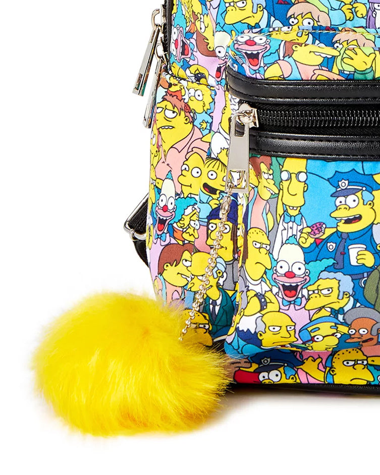 The Simpsons All Over Character Print Women's Mini Backpack With Pom Zipper Pull 11"