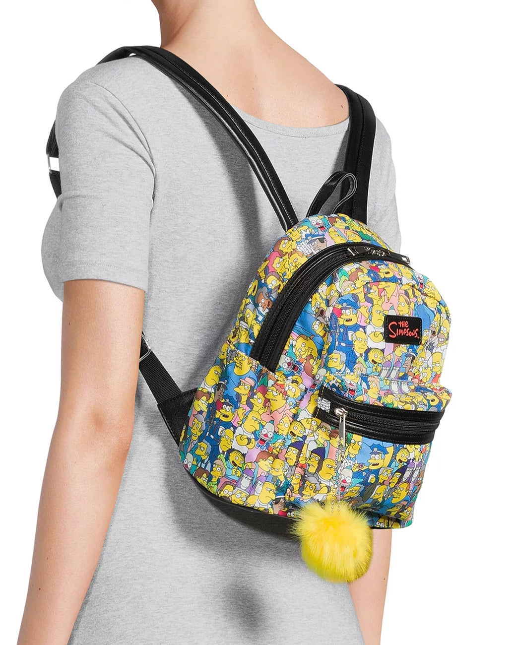 The Simpsons All Over Character Print Women's Mini Backpack With Pom Zipper Pull 11"