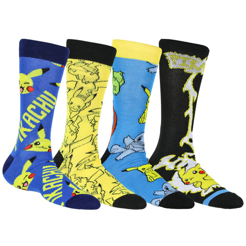 Pokemon Crew Socks Men's Pikachu & Kanto Starters 4 Pairs for Shoe Size 8-12