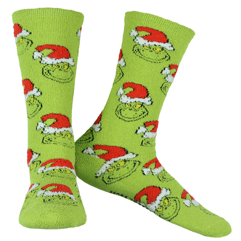 Dr. Seuss Adult The Grinch Santa Hat Fuzzy Cozy Anti-Slip Crew Socks 1 Pair OSFM