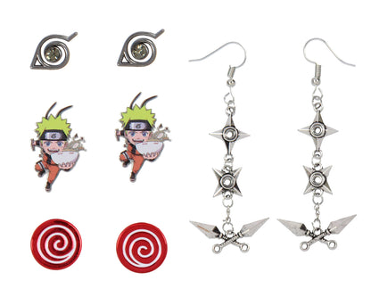 Naruto Shippuden Anime Manga Costume Jewelry Stud And Dangle Earrings Set 4 Pack - Seven Times Six
