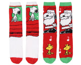 Peanuts Santa Snoopy And Woodstock Christmas Adult Fuzzy Plush Crew Socks 2 Pack