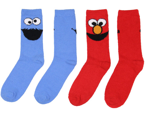 Sesame Street Socks Cookie Monster And Elmo Adult Fuzzy Plush Crew Socks 2 Pack