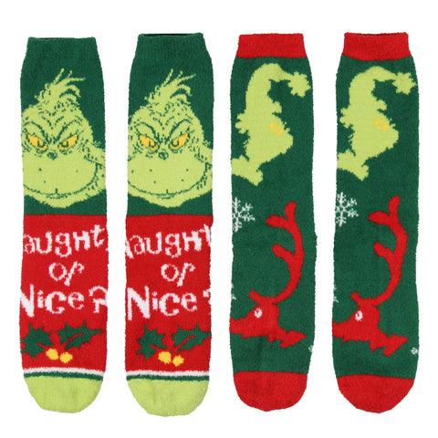 Dr. Seuss GRINCH Naughty Or Nice Christmas Adult Fuzzy Plush Crew Socks 2 Pack