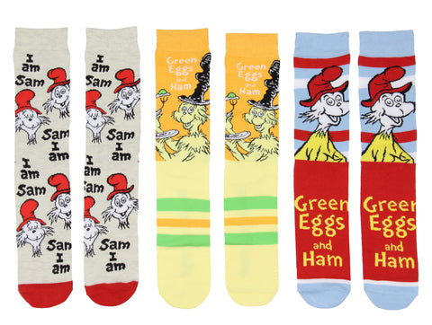 Dr. Seuss Green Eggs And Ham Socks In A Box Adult Mid Calf Crew Socks 3 Pairs