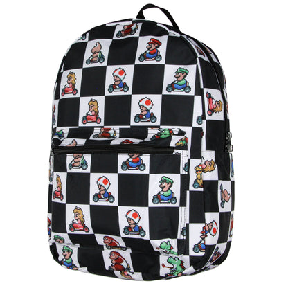 Super Nintendo Mario Kart 8-Bit Character Checkered Travel Laptop Backpack 17"