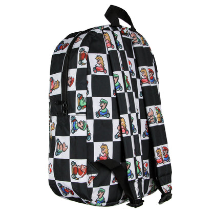 Super Nintendo Mario Kart 8-Bit Character Checkered Travel Laptop Backpack 17"