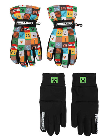Minecraft Youth Ski Gloves All-Over Symbol Design with Sure Grip Liners