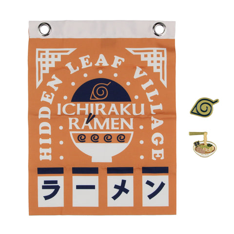 Naruto Anime Hidden Leaf Village Ichiraku Ramen Enamel Lapel Pin and Banner Set