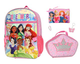 Disney Princess Cinderella Belle Rapunzel Dreamer 5 Pc Backpack Lunch Box Set