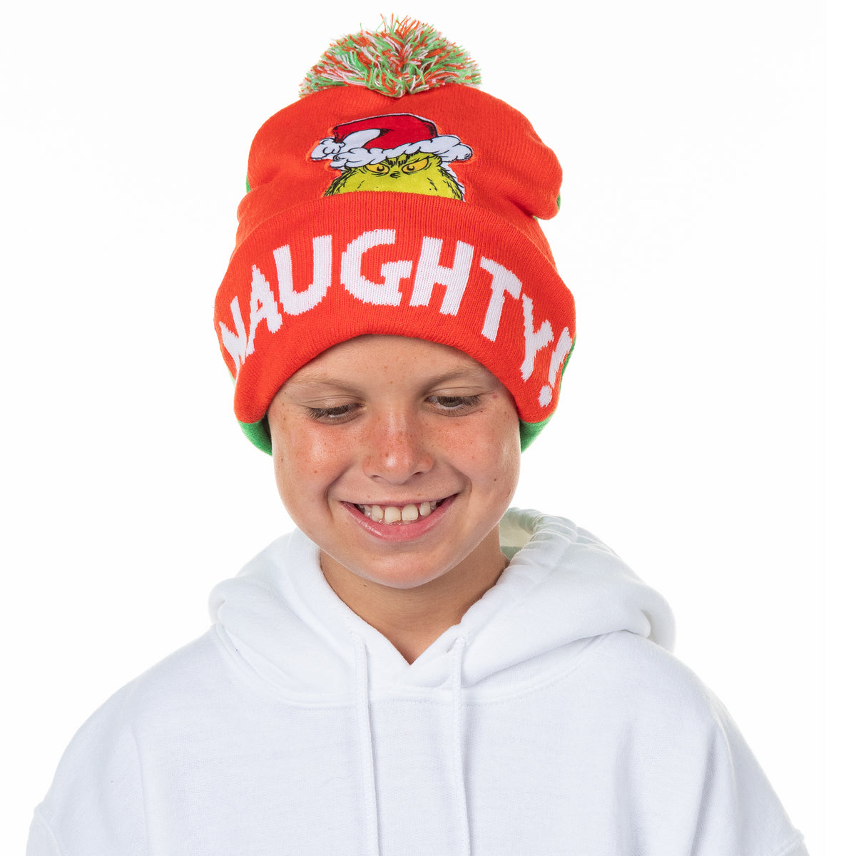 Dr. Seuss The Grinch Naughty and Nice Kid's Double-Sided Cuff Beanie Glove Set