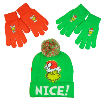 Dr. Seuss The Grinch Naughty and Nice Kid's Double-Sided Cuff Beanie Glove Set