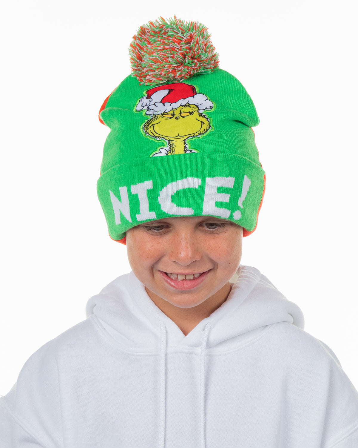 Dr. Seuss The Grinch Naughty and Nice Kid's Double-Sided Cuff Beanie Glove Set
