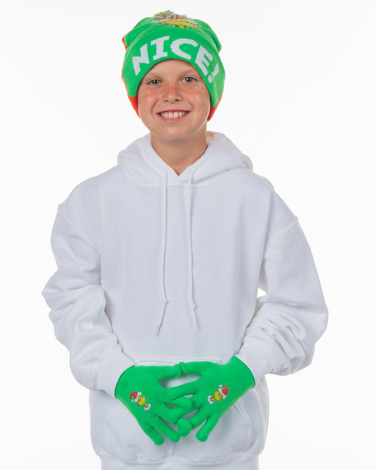 Dr. Seuss The Grinch Naughty and Nice Kid's Double-Sided Cuff Beanie Glove Set