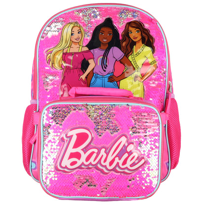 Barbie Backpack Barbie and Friends Magic Sequins 5 PC Set with Lunch Box 16"
