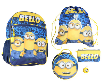 Minions Backpack Bello Character Design 5 Piece Set with Lunch Box 16"